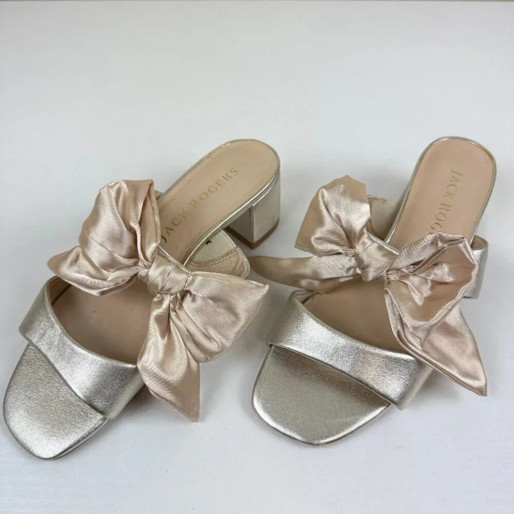 Like New Jack Rogers Heidi Mid Dress Heels Bow Strappy Gold Conquette